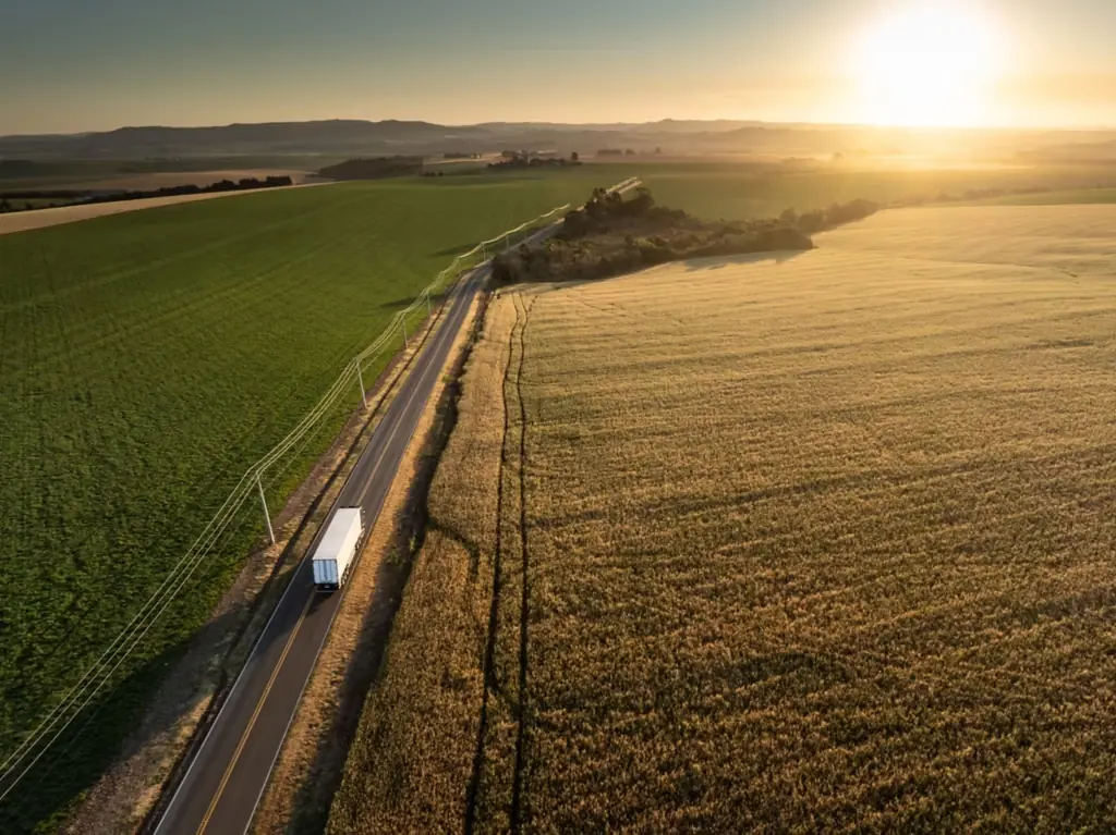 Vista aérea de um conjunto rodoviário em rodovia de pista simples, cortando lavouras verdes e douradas ao pôr do sol.